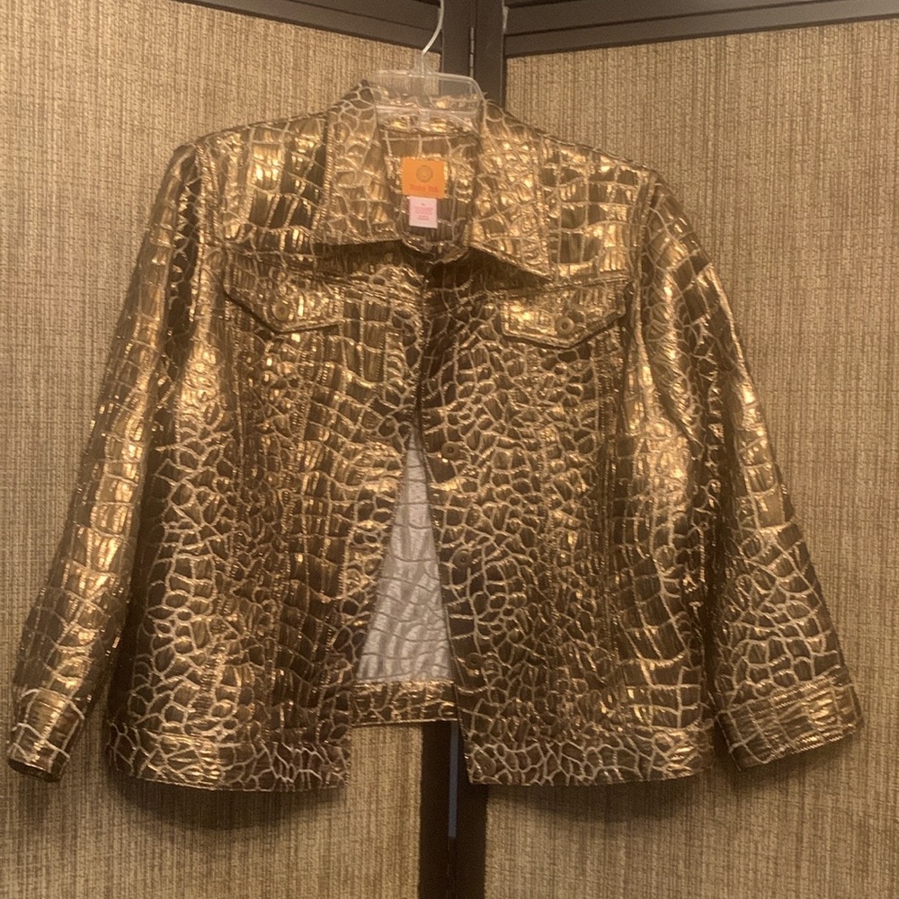Faux metallic reptile print denim jacket